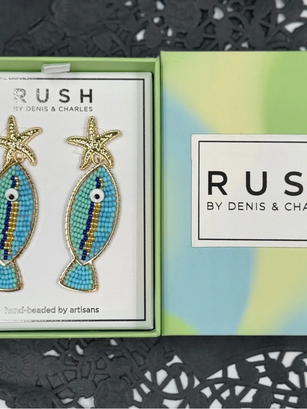 RUSH Denis & Charles VIRAL Beaded Fish Earrings Starfish Coastal Statement NWT